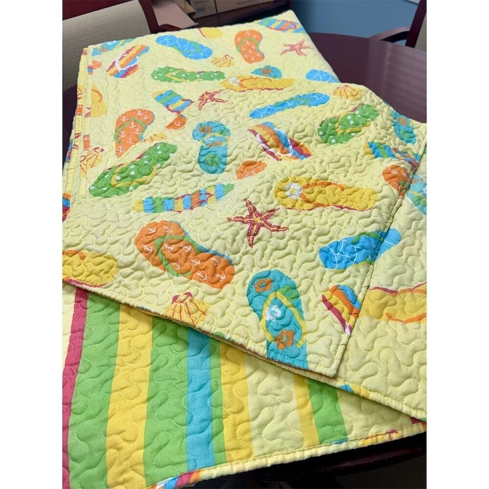 C & F Quilt Set Full/Queen Multicolor Coastal Flip Flop Beach W/Matching Shams